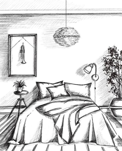 Bed Drawing Side View, Easy Interior Design Sketches, Drawings Of Bedrooms, Room Perspective Drawing Interior Design, Room Sketches Interior, How To Draw A Bed, Interior Design Sketches For Beginners, 3d Room Drawing, Bedroom Ideas Drawing