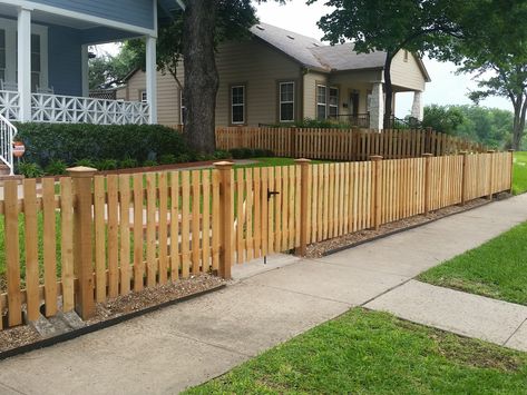 4 foot custom picket style fence Front Yard Picket Fence, Picket Fence Front Yard, Wooden Picket Fence, 4 Ft Front Yard Fence, Corner Lot Fence Ideas, Fence For Corner Lot Home, Fence On Corner Lot, Short Cedar Fence, Cedar Stay Fence