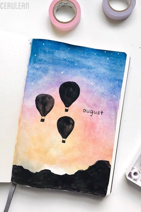 This monthly cover spread is so cute!! #bujocoverpage Acuarela Ideas, Sketch Book Cover Ideas, Sketch Book Cover, Bullet Journal Theme Ideas, Journal Theme Ideas, August Bullet Journal, Book Cover Ideas, Art Mini Toile, Art Journal Cover