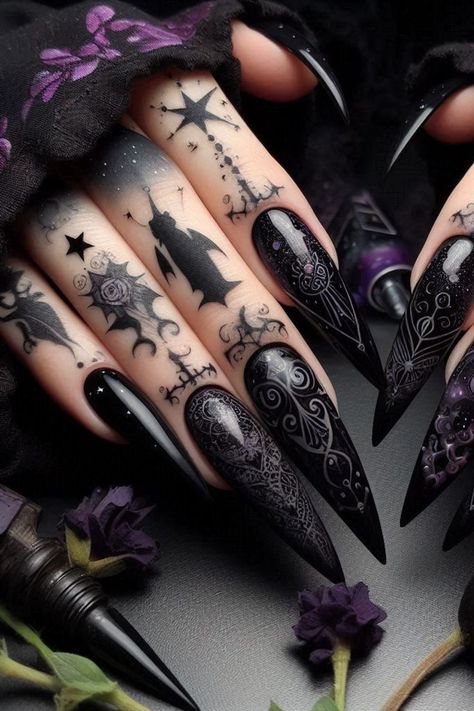 #MysticalBlackNails #HalloweenNailArt #EnchantingNailDesigns #GothicVibes #SpookySeasonNails #NailArtInspiration #BlackNailIdeas #HalloweenStyle Black Nail Ideas, Halloween Nail Ideas, Black Halloween Nails, Black Cat Silhouette, Moons And Stars, Elegant Halloween, Chic Halloween, Black Nail Designs, Gothic Aesthetic