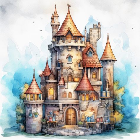 Fairy Castle Drawing, Fairytale House Drawing, Watercolour Fantasy Art, Fairytale Cottage Aesthetic, Fairy Tail House, Fairy Tale Pictures, Fairy Tale Aesthetic, Fairy Castles, Tiny Castle