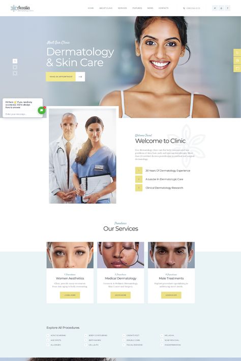 Accalia is a medical WordPress theme designed specifically for dermatology clinics and cosmetology centers. It is built with the Elementor page builder, allowing you to easily customize and create stunning website layouts without any coding knowledge. Medical Website, Website Layouts, Dermatology Clinic, Ux Designer, Beauty Clinic, Service Women, Skin Clinic, Wordpress Theme Design, Website Layout