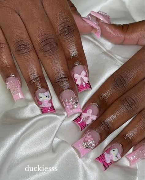 Kitty Nails, Hello Kitty Nails, French Acrylic Nails, Short Square Acrylic Nails, Really Cute Nails, Long Square Acrylic Nails, Unique Acrylic Nails, Short Acrylic Nails Designs, Pink Acrylic Nails