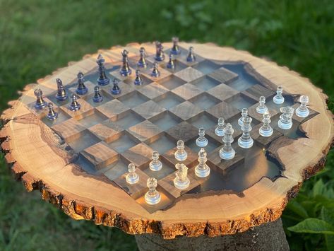 "♟️Resin chess board or Resin chess set  it`s unique gift.♟️ We offer you custom chess board, handmade chess set. Which will be luxurious chess gifts, anniversary gift for him, 40th birthday gift for him, 50th birthday gift, personalized gift everyone will be delighted with such a unique gift. We are producing unique chess board for chess fans. It is a hand-made walnut wood product with the greatest attention to every detail. The chessboard was made of walnut wood and epoxy resin. Epoxy resin ch Handmade Wood Gift Ideas, Game Boards Diy, Custom Chess Board, Epoxy Chess Board, Resin Chess Board, Handmade Wooden Gifts, Resin Chess Set, Handmade Chess Set, Bullet Crafts