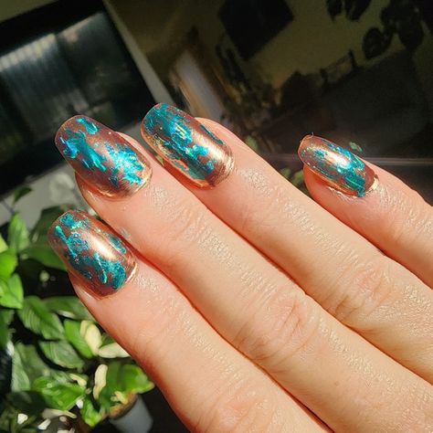 Copper And Teal Nails, Teal And Copper Nails, Orange And Teal Nails, Teal And Orange Nails, Abstract Art Projects, Copper Nails, Teal Nails, Turquoise Nails, Orange Nails