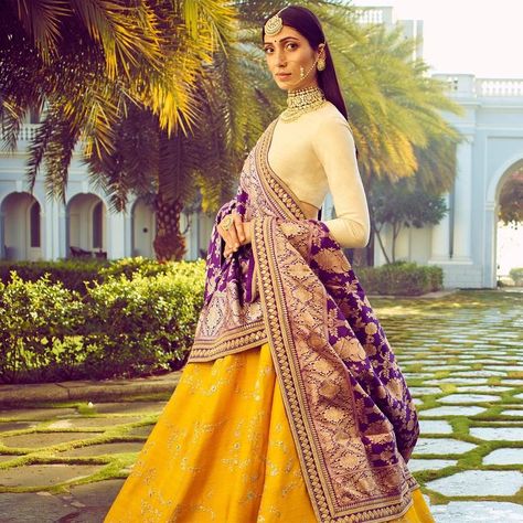 Mix & Match Benarasi Dupatta With Your Wedding Lehenga For A Unique Bridal Look! | WedMeGood Sabyasachi Blouse, Purple Lehenga, Sabyasachi Bridal, Sabyasachi Lehenga, Yellow Lehenga, Indian Woman, Indian Bridal Wear, Indian Couture, Indian Wedding Outfits