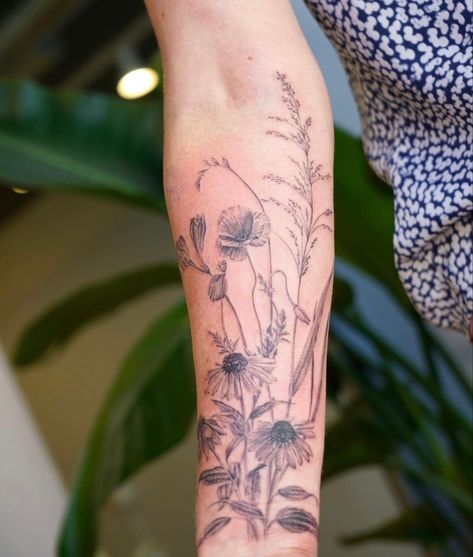 Weeds And Wildflowers Tattoo, Minimalist Nature Tattoos, Meadow Tattoo, Botanical Sleeve, Pet Portrait Tattoos, Underarm Tattoo, Tattooed Woman, Portrait Tattoos, Wrap Tattoo