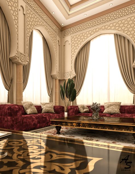 Arabic Majlis on Behance Arab Luxury Homes, Arabic Furniture Design, Arab House Interior, Arab House Design, Majlis Design Arabic Modern, Arab Interior Design, Arab Living Room, Arabic Majlis Design, Arab Bedroom