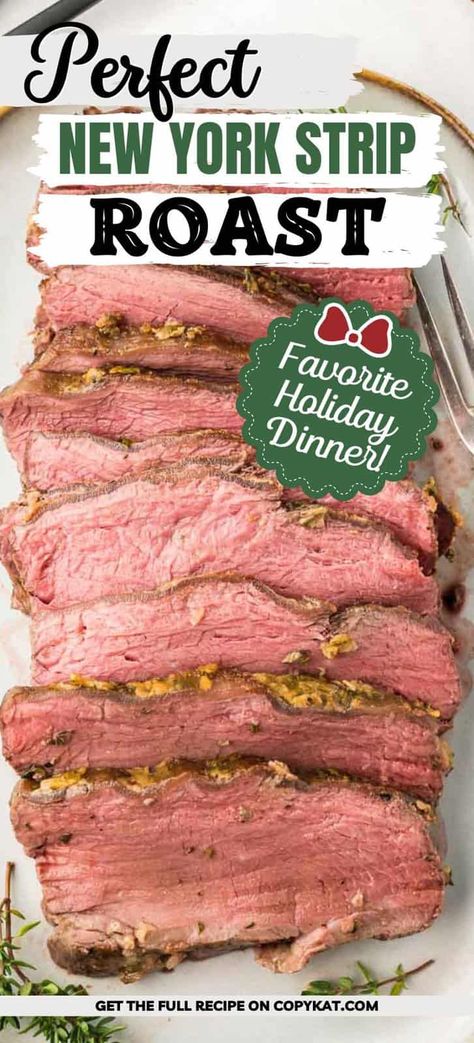 New York Strip Roast with herb crust is an incredible roast beef dinner. Get the easy recipe and learn how to cook the best NY Strip Roast in the oven. This tender, juicy boneless strip loin beef roast is perfect for a family dinner, dinner party, and Christmas holiday meals. A great and less expensive alternative to prime rib. New York Roast Recipe How To Cook, New York Rib Roast Recipe, My Strip Roast Recipe, How Long To Cook Beef Roast In Oven, Ny Strip Loin Roast Recipe, Strip Steak Roast Recipe, My Strip Roast, Beef Top Loin New York Strip Roast, Ny Strip Roast Recipes How To Cook