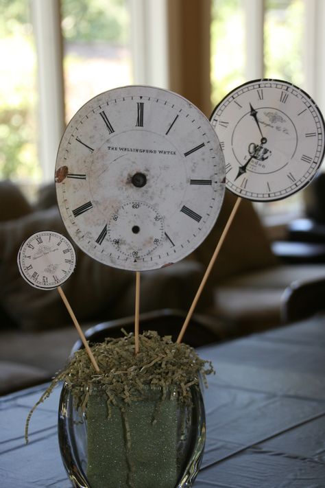 Tick Tock, It’s a Clock Retirement Party… | Weezy's Wonderland Clock Centerpiece Ideas, Time Travel Party Theme, Clock Party Decorations, Time Travel Party Decorations, Off The Clock Retirement Party, Travel Themed Retirement Party, Clock Party Theme, Clock Themed Party Ideas, Retirement Centerpiece Ideas For Women