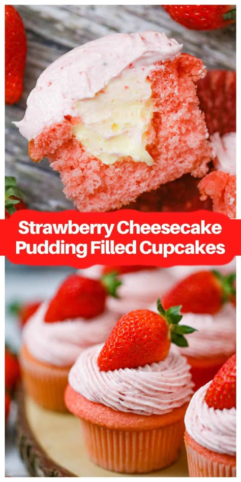 Strawberry Cream Filling For Cupcakes, Cupcakes With Pudding Filling, Strawberry Cupcakes With Filling, Pudding Filled Cupcakes, Strawberry Cheesecake Pudding, Filled Cupcake Recipes, Cupcake Filling Recipes, Cupcake Filling, Cheesecake Flavors