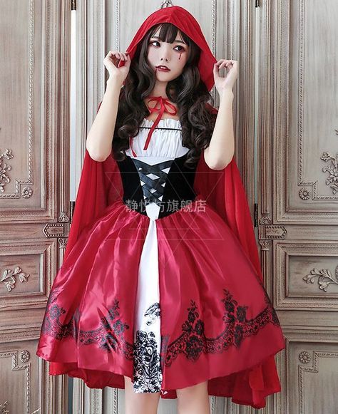 Red Cape Costume, Red Riding Hood Makeup, E Girl Dress, Red Riding Hood Cosplay, Red Riding Hood Art, Cape Outfit, Vampire Witch, Red Riding Hood Costume, Dress Cape