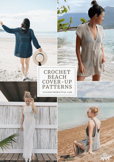 These beautiful crochet beach cover-up patterns are the perfect warm-weather outfit essential, especially if you see pool days or beach parties in your future! If you're tired of swimsuit covers not having breathable fabrics, then you will absolutely love when you make one of these cover-ups just how light and airy they are. #crochetbeachwear #crochetcoverup #crochetbeach #crochetswimcoverup #Crochet365KnitToo Crochet Swimsuit Coverup Pattern Free, Crochet Beach Cover Up Pattern Free, Crochet Swimsuit Coverup, Swimsuit Coverup Pattern, Crochet Beach Coverup, Beach Coverup Pattern, Crochet Beach Cover Up, Crochet Beach Wear, Cute Coverups