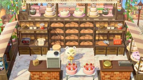 Acnh Bread Design, Acnh Bread Stall, Animal Crossing Food Stalls, Acnh Downtown, Bakery Painting, Acnh Layout, Acnh Signs, Animal Crossing Cafe, Animal Crossing 3ds