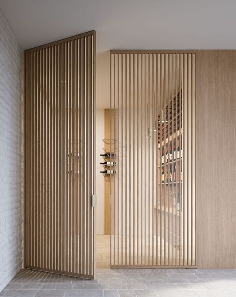 Minimalistic Interior, Wall Trends, Wood Slat Wall, Room Divider Doors, Interior Design Per La Casa, Wood Cladding, Salon Interior Design, Timber Cladding, Pivot Doors