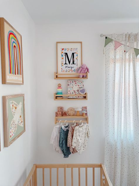 Nursery Ideas Girl Colorful, Colorful Girls Nursery, Nursery Room Inspiration Colorful, Nursery Shelf Ideas, Baby Nursery Colorful, Colourful Nursery Ideas, Nursery Shelving Ideas, Tiny Baby Nursery, Colorful Nursery Ideas