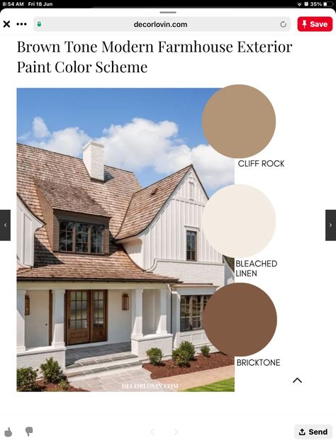 Tan Roof House Colors, Brown Roof House Colors Exterior Paint, Brown Roof House Colors, Brown Roof Houses, Farmhouse Color Scheme, White Farmhouse Exterior, Ranch House Exterior, Lake Houses Exterior, House Paint Color Combination