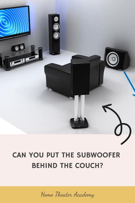 Home theater setup with speakers, couch, and subwoofer positioned behind the couch. Audio Waves, Home Theater Sound System, Behind The Couch, Home Movie Theater, Tons Of Money, At Home Movie Theater, Subwoofer Box, Room Acoustics, Home Movie