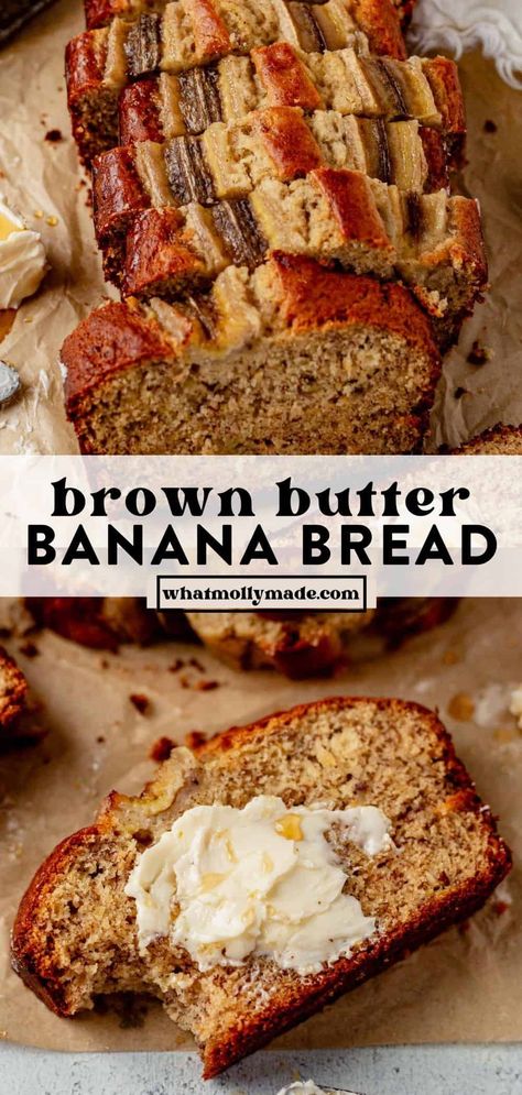 This brown butter banana bread features a soft crumb and moist texture. The brown butter gives it a rich and nutty flavor you can’t get anywhere else, while the sugar and banana give it a sweet flavor we all love in classic banana bread. You’ll need about 3 large overripe bananas! Sticky Banana Bread, Brown Butter Banana Bread, Brown Sugar Banana Bread, Rich Banana Bread, Banana Recipes Overripe, Ripe Banana Recipe, Butter Banana Bread, Classic Banana Bread, Banana Bread Loaf