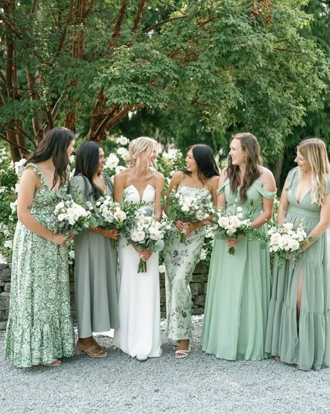 I loved this day so much!🥹 And these bridesmaid dresses are P E R F E C T I O N😍 Mismatched dresses will forever have my heart. Just waiting for the day I can photograph some mismatched suits too! Vendors Venue - @santuccifarmevents Hmua - @stylingwithkaitlyn Florals - @flowersbygeorge Food - J & L bbq - - - #washingtonphotographer #pnwphotographer #bellingham #seattle #bellinghamweddingphotographer #seattleweddingphotographer Garden Wedding Bridesmaid Dresses Green, Mismatched Green Wedding Party, Assorted Green Bridesmaid Dresses, Mismatched Sage Green Bridesmaid Dresses, Mixed Matched Bridesmaids Dresses, Four Bridesmaids Mismatched, Bridesmaids Shades Of Green, Spring Green Bridesmaid Dresses, Green Mix Match Bridesmaid Dresses