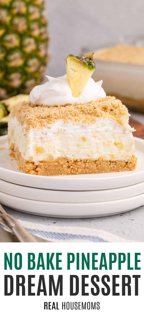 Layers of rich and creamy pineapple and cream cheese make a No Bake Pineapple Dream Dessert so refreshing and the perfect summer treat! #Realhousemoms #nobake #pineapple #dreamdessert #dessert #summertime #summertreat #grilling #potluck #memorialday #4thofjuly upside-down cake mixed into a yummy whipped cream and coconut cloud! #Realhousemoms #pineappleupsidedownfluff #pineapple #fluff #upsidedowncake #whippedcream #dessert #grilling #bbq #summertime Pineapple Cloud Cake, No Bake Pineapple Dream Dessert, Pineapple And Cream Cheese, Pineapple Dream Cake, Upside Down Desserts, Hawaiian Dessert, Coconut Sheet Cakes, Pineapple Fluff, Pineapple Dream