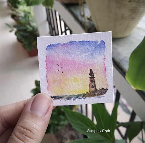 Tiny Watercolor Paintings, Lighthouse Watercolor, Tiny Watercolor, Watercolor Guide, Watercolor Pencil Art, Mini Watercolor, 심플한 그림, Watercolor Paintings Of Animals, Art Tutorials Watercolor