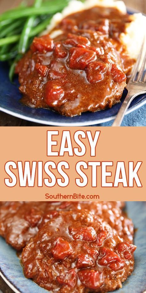 Easy Swiss Steak Recipes Crock Pots, Ground Beef Swiss Steak, Recipes Using Cube Steak Meat, Salisbury Steak Recipe With Tomatoes, Cube Steak Swiss Steak, Swiss Steak Made With Ketchup, Slow Cooker Swiss Steak And Onion, Pepper Cube Steak Recipe, Crockpot Swiss Steak Recipes Crock Pot