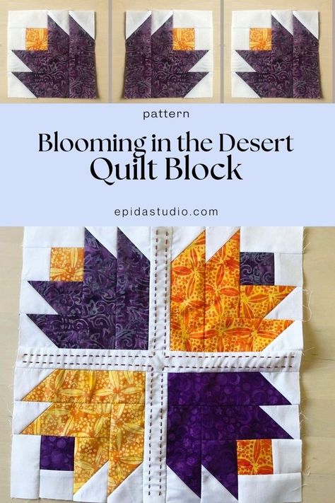 “Blooming in the Desert” is a beautiful variation of the cactus rose quilt block. Make this fun sewing project with your own color choices. Get the quilting pattern. Cactus Quilt Pattern, Rose Quilt Block, Desert Quilt, Flower Quilt Pattern, Flower Quilt Patterns, Cactus Rose, Quilt Blocks Easy, Patchwork Tutorial, Modern Quilt Blocks