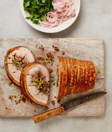 Stuffed Porchetta, Kohlrabi Salad, Porchetta Recipe, Porchetta Recipes, Yotam Ottolenghi Recipes, Pickled Shallots, Ottolenghi Recipes, Stuffing Ingredients, Rainbow Chard