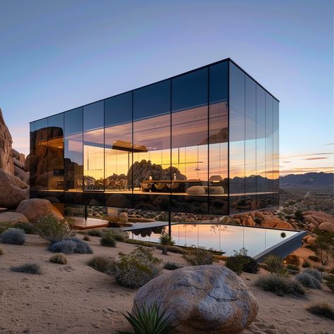 "Desert Glass House: A stunning desert house with reflective glass walls merges seamlessly into the tranquil sunrise landscape. #architecture #desert #glass #house #modern #aiart #aiphoto #stockcake #sunrise #landscape #design ⬇️ Download and 📝 Prompt 👉 https://stockcake.com/i/desert-glass-house_377879_291755" Desert Modern House, Sunrise Landscape, Desert Glass, Dim Gray, Desert Homes, Glass House, City Skyline, Beautiful Cats, Glass Wall