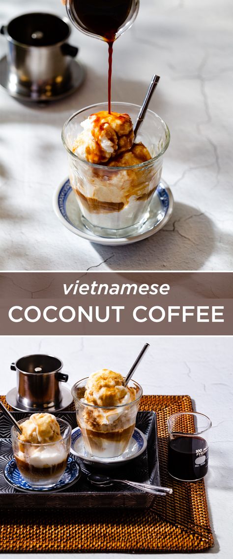 This coconut coffee is a popular drink in cafés all over Vietnam. It’s a blended coconut slushy made with coconut cream, sweetened condensed milk, and ice that gets topped with some Vietnamese coffee. Coconut Cream Coffee, Coconut Milk Coffee, Vietnamese Coffee, Coconut Coffee, Coffee Mix, Coconut Ice Cream, Coffee Recipe, Coffee Ice Cream, Brewed Coffee