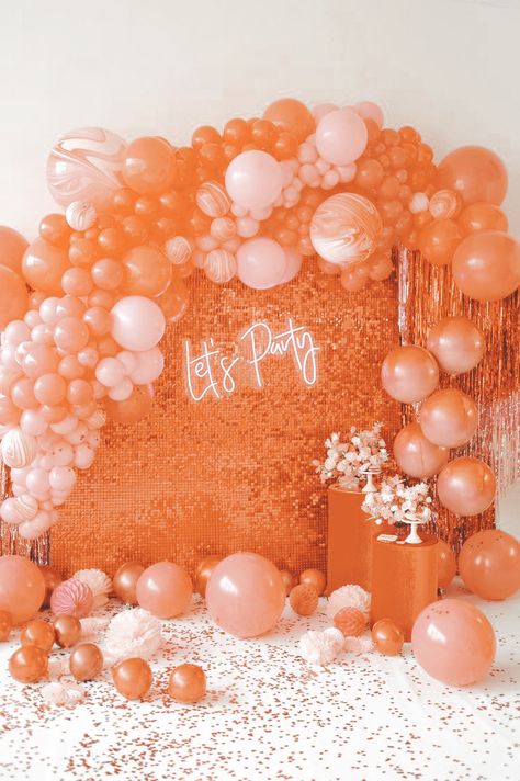 Preppy Birthday Party Background, Orange Crush Theme Party, Orange Birthday Aesthetic, Orange Party Aesthetic, Orange Birthday Party Decorations, Orange Grad Party, Orange Sweet 16, Orange Party Decor, Orange Graduation Party