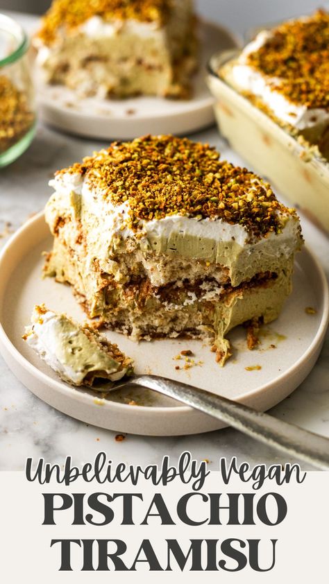 Vegan Pistachio Tiramisu, Vegan Pistachio Dessert, Pistachio Tiramisu Recipe, Pistachio Desserts, Pistachio Creme, Pistachio Tiramisu, Crushed Pistachios, Banana Diaries, Gluten Free Vegan Recipes Desserts