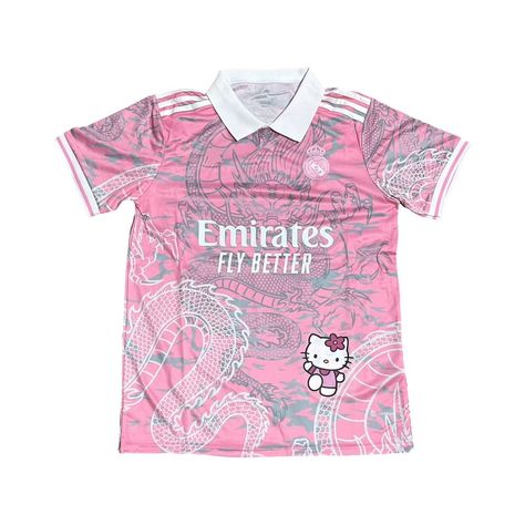 Limited Edition Custom Hello Kitty Real Madrid Jersey #keystreetwearr #hellokitty #hellokittycore #hellokittylover #instafashion #instagram Hello Kitty Outfits, Madrid Jersey, Images Hello Kitty, Hello Kitty Dress, Pink Jersey, Jersey Tshirt, Summer Graphic Tee, Hello Kitty Items, Short Sleeve Pattern