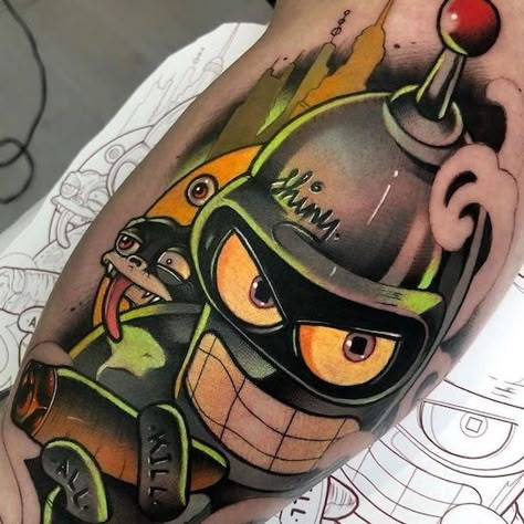 Malibu Tattoo, Comics Tattoo Ideas, Futurama Tattoo, Simpsons Tattoo, New School Tattoos, Comic Tattoo, Best Comics, Intricate Tattoo, Tatuaje A Color