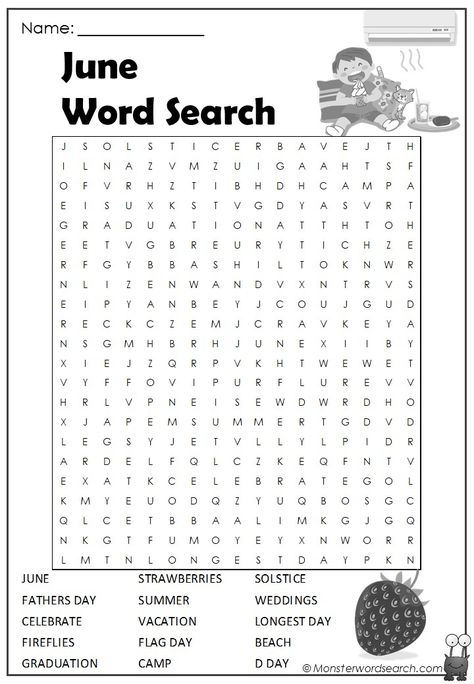 June Word Search, June Worksheets, Graduation Strawberries, Fun Pages For Kids, Large Print Word Search, June Activities, Free Printable Word Searches, 3 Letter Words, Word Search Printables