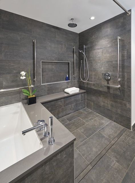 As more homeowners opt to remodel their current homes for accessibility and safety, those concerns are taken into consideration especially for kitchens or bathrooms. These are some tips to help you to utilize Universal Design on your next project Universal Design Bathroom, Houzz Bathroom, Accessible Bathroom Design, Ada Bathroom, Minimalist Bathroom Design, Accessible Bathroom, Powder Room Design, Bathroom Photos, Bathroom Trends