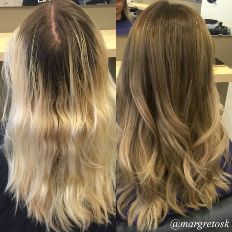 Before and after coloring. From really blonde ends with really dark grown out roots to a light brown/ dark blonde color with balayage Brown Hair Dye Shades, Grown Out Blonde Hair, Light Balayage, Balayage Ash, Coloring Dark, Mom Haircuts, Blonde Ends, Dark Blonde Hair Color, Blonde Hairstyle