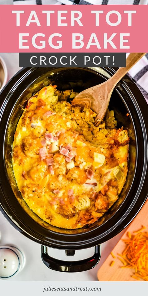 Want to make an egg bake for Sunday morning without the hassle or maybe a brunch? Crock Pot Tater Tot Egg Bake is the perfect option. Layers of Tater Tots, Ham, Eggs, Cheese and more make this the best breakfast casserole ever! #breakfast #casserole Tator Tot Casserole Breakfast Crock Pot, Crock Pot Egg Bake, Crockpot Egg Bake, Crockpot Breakfast Recipes, Breakfast Bakes, Tater Tot Breakfast Casserole, Crockpot Breakfast Casserole, Breakfast Crockpot Recipes, Best Breakfast Casserole