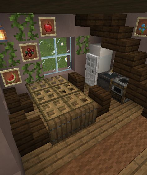 Minecraft Kitchen Table Ideas, Dinner Table Minecraft, Small Kitchen Minecraft, Minecraft Dinner Table, Kitchen Minecraft Ideas, Kitchen Minecraft, Table Minecraft, Minecraft Kitchens, Small Kitchen Design