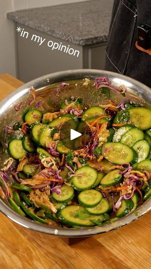 213K views · 40K reactions | Sometimes you feel the need to stick an entire cucumber inside of you 🤷🏻‍♂️  Chinese Chicken Cucumber Salad  Ingredients: - Chicken Chest (1) - Persian Cucumber (6-8) - Red Cabbage (1 cup shredded) - Carrot (1) - Green Onion (2 stalks) - Cilantro (bushel)  - Wonton Chips (1 cup) - - Sesame Oil (¼ cup) - Rice Vinegar (2 tbsp) - Soy Sauce (¼ cup) - Vegetable Oil (¼ cup) - Sugar (¼ cup) - Ginger (1in knob) - Garlic (2 cloves) - Lemon Juice (1/2 lemon) - Salt (tt)  #cooking #kitchen #kitchenhacks #recipe #quickrecipes #easyrecipe #dinnerideas #lunchideas #healthyfood #salad #cucumbersalad | Ian Fujimoto | no/vox · feather (instrumental) Chicken And Cucumber Salad, Cucumber Bowls, Rommegrot Recipe, Chicken Cucumber Salad, Chinese Cabbage Salad, Mexican Street Corn Salad Recipe, Chicken Cucumber, Wonton Chips, Red Onion Recipes