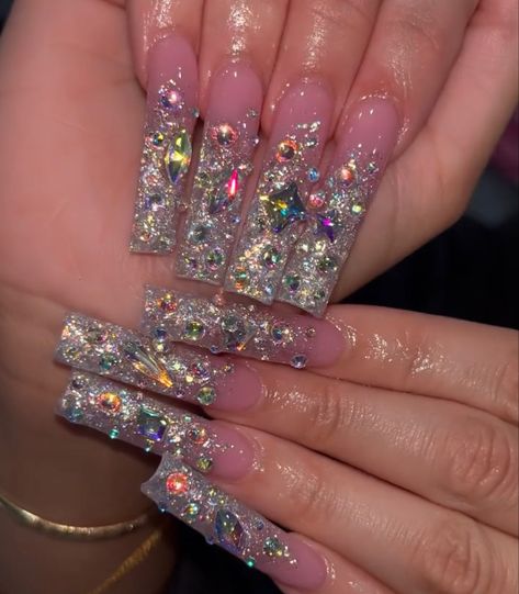 Full Bling Nail Set, Sparkle Birthday Nails, Prom Nails Extra, Blinged Out Birthday Nails, Glitter Diamond Nails, Pink Blinged Out Nails, Silver Bling Nails, Long Glitter Nails, Silver Prom Makeup