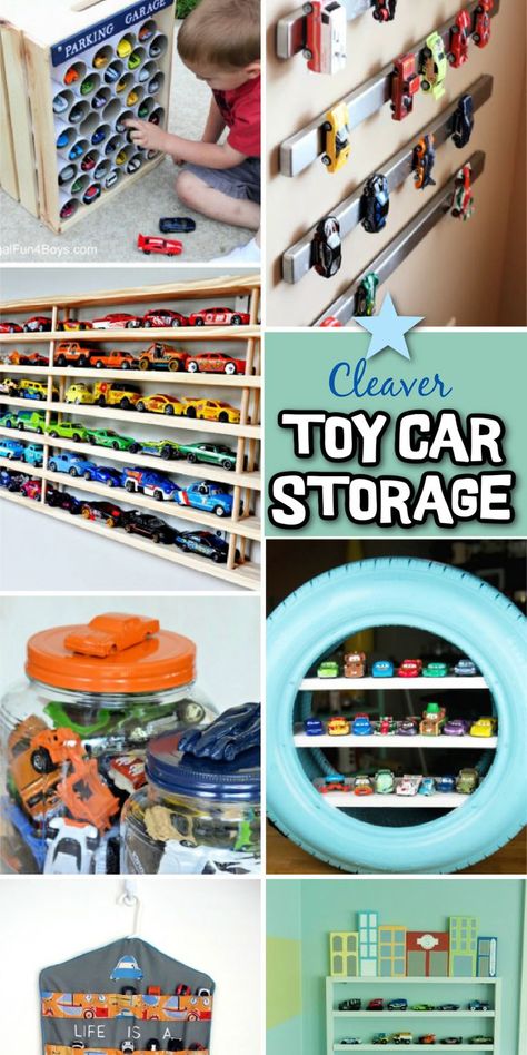 Clever car storage - Kids Activities Blog - collage of images of bright and creative toy car storage ideas like big tire, toilet roll and magnetic car hanging. Hot Wheels Storage Ideas, Hot Wheels Cars Storage, Hot Wheels Organization, Matchbox Car Storage, Wheel Storage, Hot Wheels Storage, Toy Car Garage, Small Vehicles, Toy Car Storage