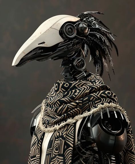 The image is a digital painting of a steampunk bird-headed robot. The robot is wearing a scarf with a geometric pattern and has a camera lens for an eye ->> more details in ai-img-gen.com Robot Bird, Robot Dragon, Steampunk Robots, Steampunk Bird, Steampunk Robot, Wearing A Scarf, Bird Head, Neo Tokyo, Geometric Scarf