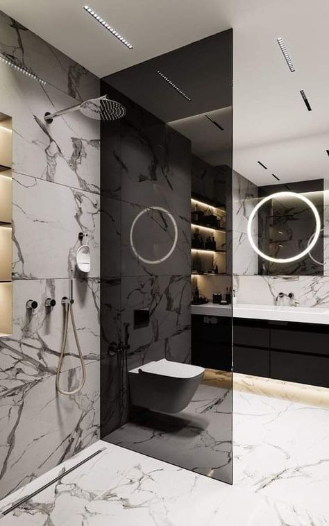 Small Black And White Bathroom, Black And White Marble Bathroom, Top 10 Bathroom Designs, Black And White Bathroom Ideas, Bathroom Loft, New Bathroom Designs, Washroom Decor, Toilet Bidet, Best Bathroom Designs