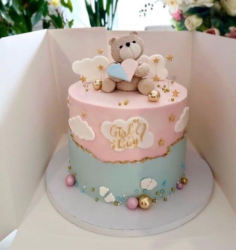 Gender Reveal Cake Teddy Bear, Gender Reveal Ideas For Cake, Gender Reveal Cake Decoration, Baby Gender Cake Ideas, Pink And Blue Baby Shower Cake, Cakes For Gender Reveal, Deco Gender Reveal, Gender Reveal Bear Cake, Cute Gender Reveal Cakes