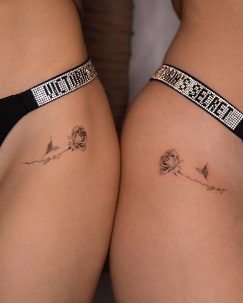 Small Matching Hip Tattoos, Matching Rose Tattoos Best Friends, Matching Roses Tattoo, Matching Tattoos Rose, Matching Thigh Tattoos Best Friends, Best Friend Tattoos Collar Bone, Matching Hip Tattoos Women, Rose Matching Tattoo, Rose Tattoo Matching