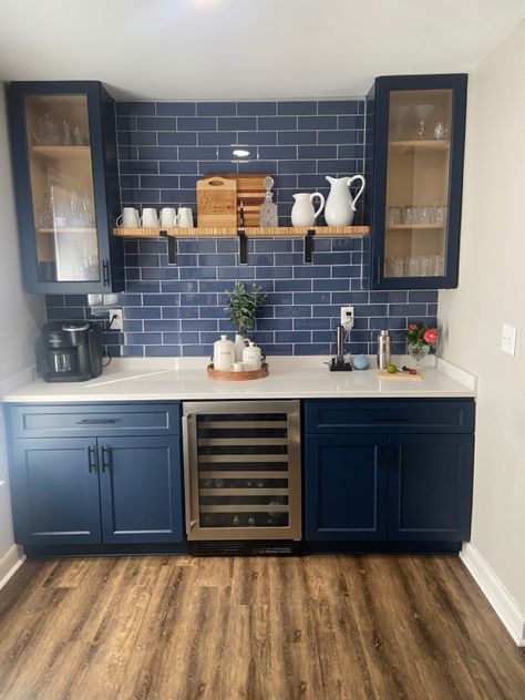 Navy Kitchen White Countertops, Blue Cabinets Bar, Navy Blue Coffee Bar, Kitchen With Grey Countertops, Navy Blue Cabinets, Kitchen Butcher Block, Wine And Coffee Bar, White Upper Cabinets, Navy Cabinets