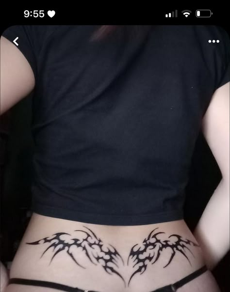 Cool Lower Back Tattoos, Succubus Back Tattoo, Collarbone Tattoo Grunge, Cybersigilism Tattoo Lower Back, Lower Back Tattoo Designs For Women, Back Waist Tattoo, Lower Back Tattoos Men, Succubus Tattoo Design, Lower Stomach Tattoo