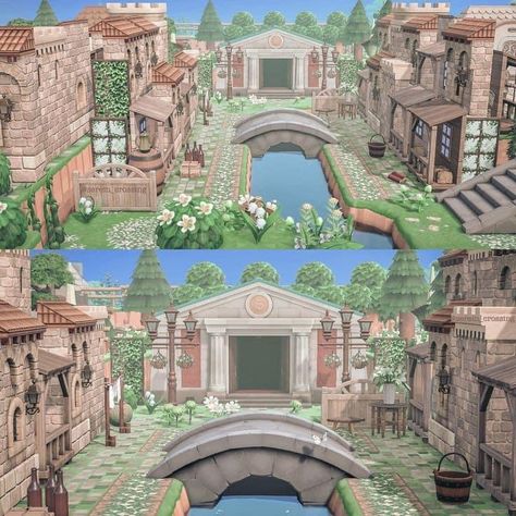 Acnh Castle Garden, Animal Crossing Outdoor Ideas, Acnh Scenery, Acnh Gothcore, Acnh Town Plaza Ideas, Animal Crossing Guide, Medieval Village, Animal Crossing Wild World, Island Theme